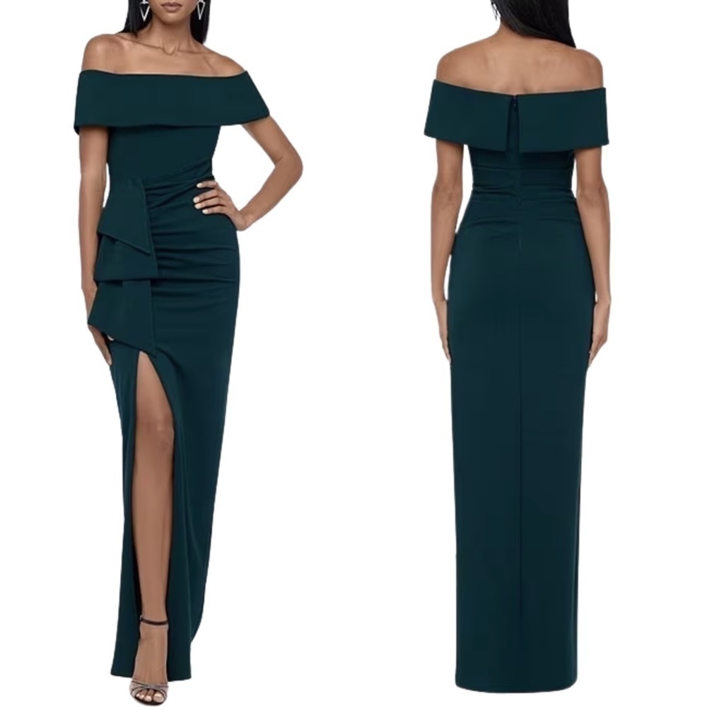 XSCAPE Scuba Crepe Off Shoulder Side Bow Detail Front Slit Gown in Pine 6 NWT